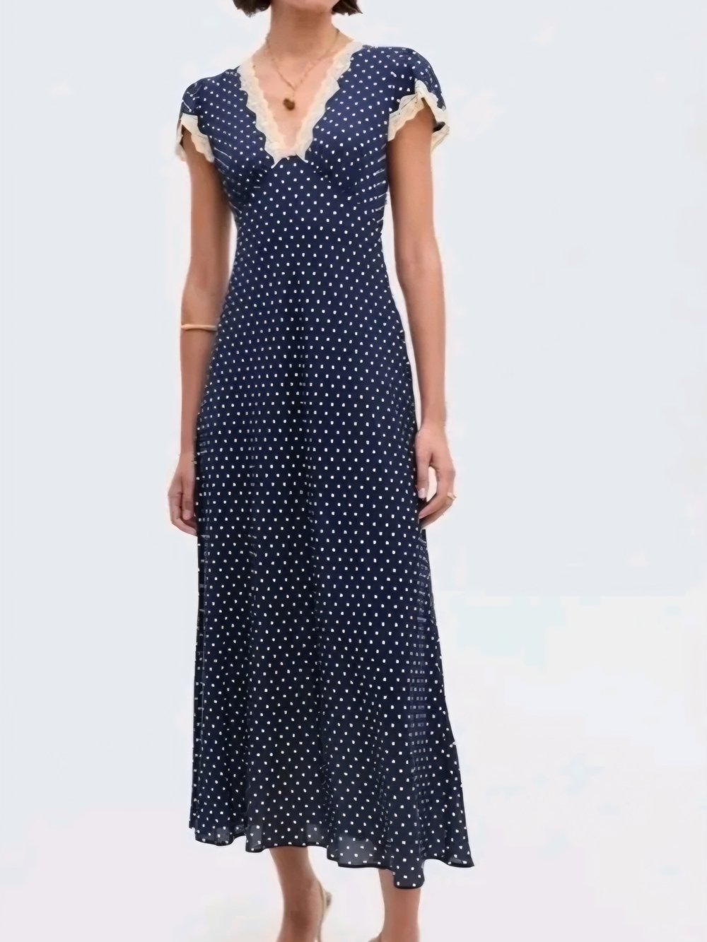 RIXO Navy Polka Dot Lace-Trim Maxi Dress